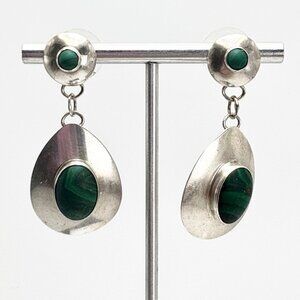 VTG Sterling Silver 925 Malachite Bezel Set Dangle Earrings Size 1.75" Length